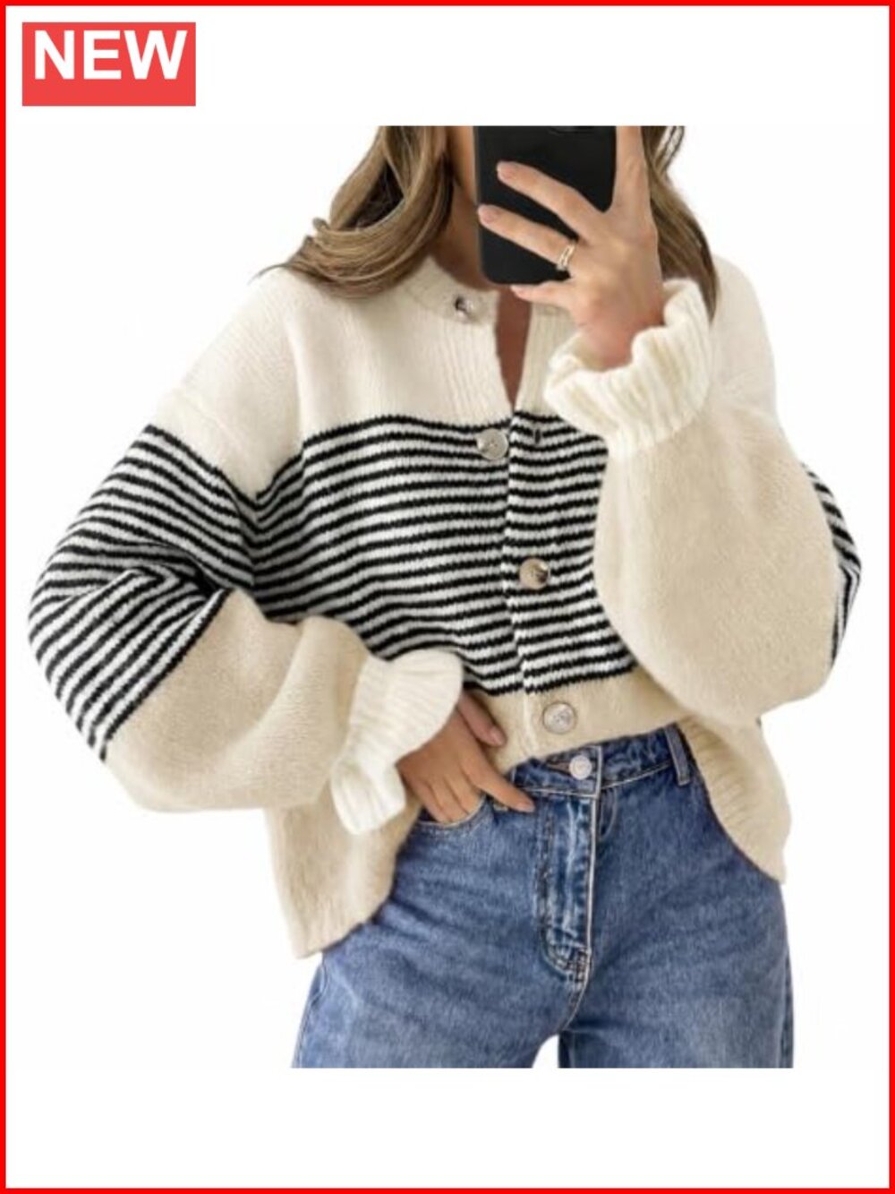 Striped Ruffle Sleeve Button Up Cardigan Sweater